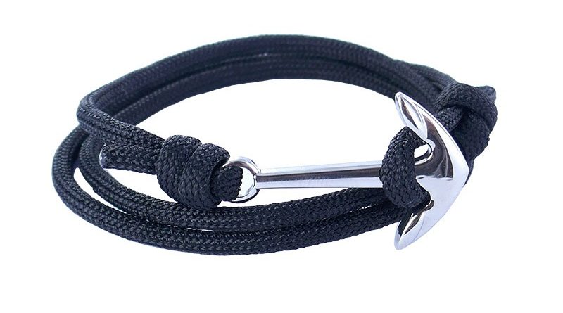 Bracelet cordon et ancre acier à personnaliser | Couleur cordon : Noir marin