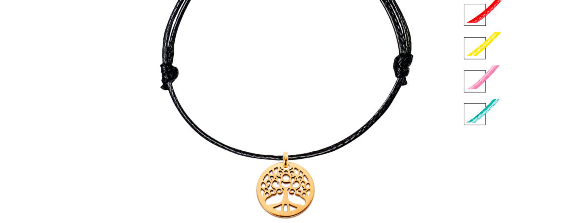 Bracelet cordon ajustable arbre de vie acier rose