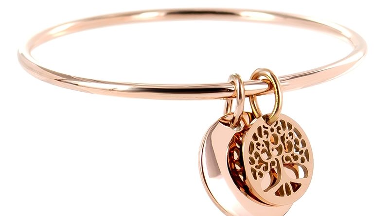 Bracelet jonc arbre de vie et médaille acier rose à personnaliser