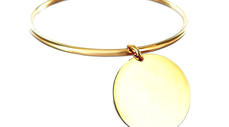 Bracelet jonc grande médaille acier doré à personnaliser