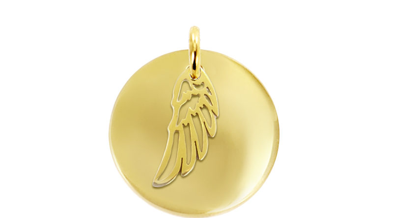 Pendentif grande médaille et aile d'ange acier doré à personnaliser