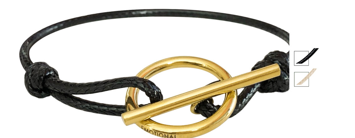 Bracelet cordon ajustable avec fermoir T en acier inoxydable doré