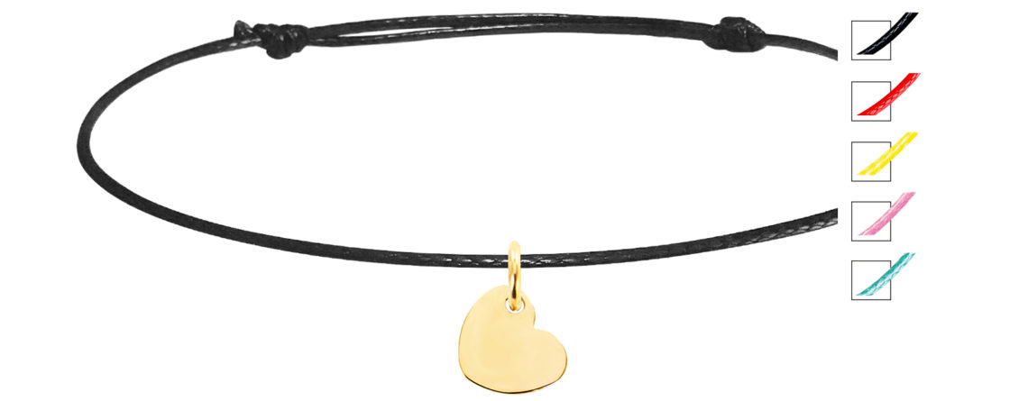 Bracelet cordon ajustable cœur 12 mm acier doré