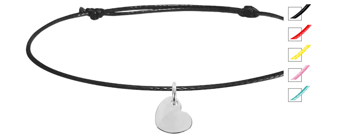 Bracelet cordon ajustable cœur 12 mm acier argenté