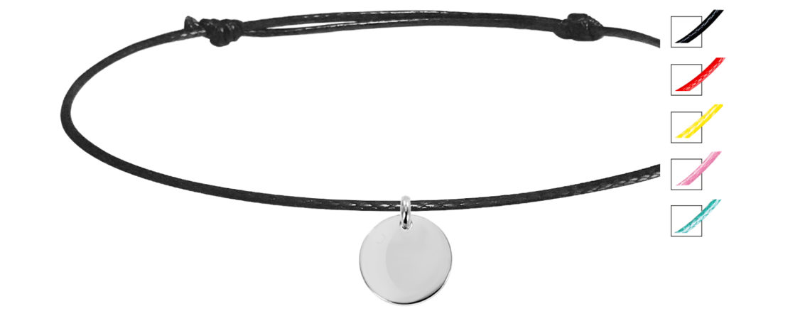 Bracelet cordon ajustable médaille 12 mm acier argenté