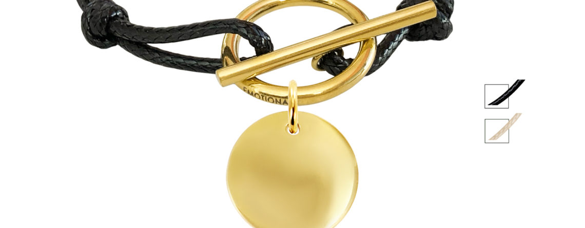 Bracelet cordon ajustable fermoir T médaille 20 mm dorée