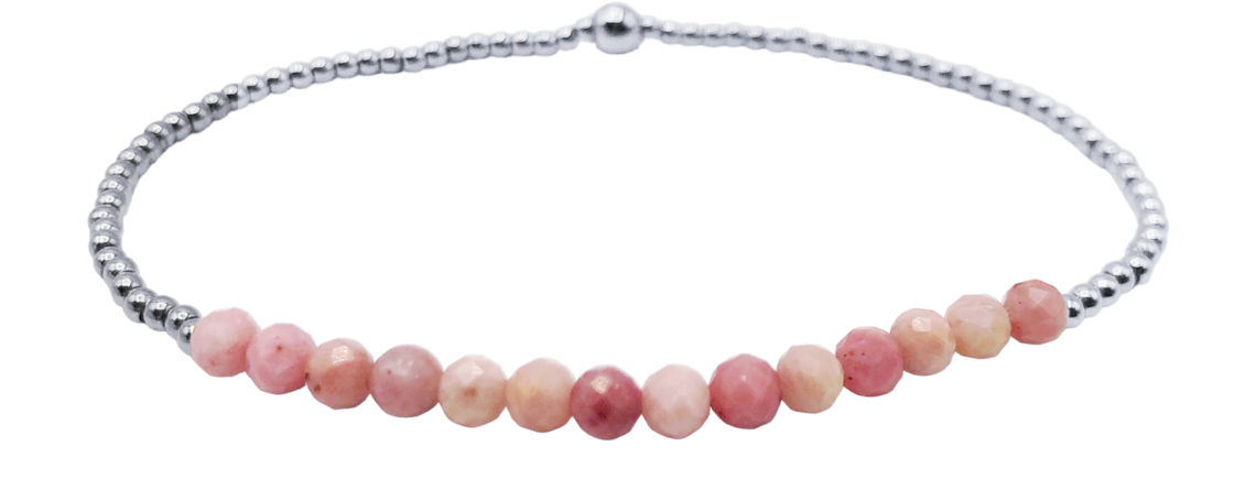 Bracelet orné de perles naturelles (Rhodonite) et acier inoxydable argenté