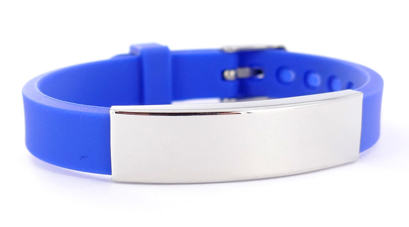 Bracelet silicone avec plaque acier à personnaliser | Couleur silicone : Bleu, Couleur acier : Argenté