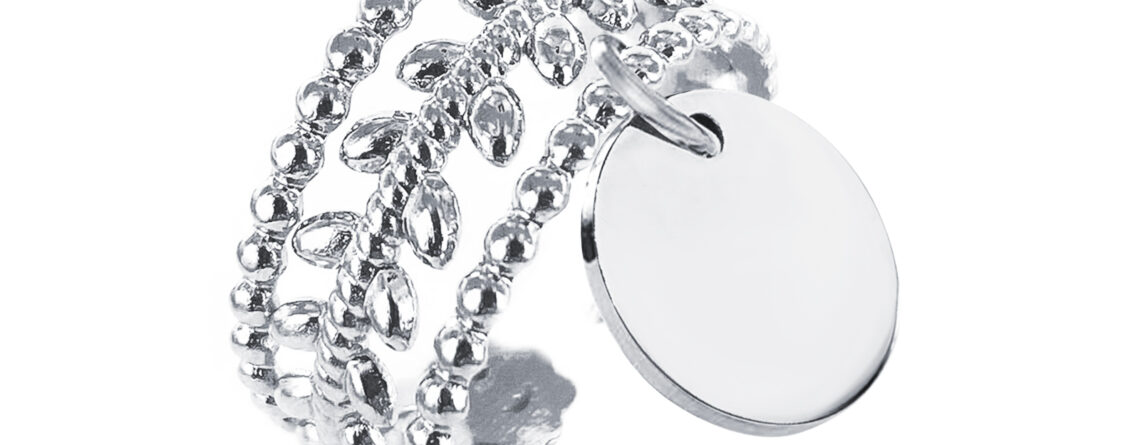 Bague ajustable "feuilles & médaille" en acier inoxydable