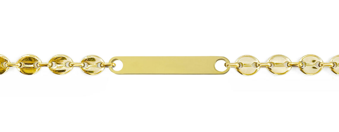 Bracelet maille grain de café en acier inoxydable agrémenté d'un plaque gourmette acier doré
