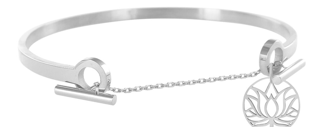 Jonc acier fermeture chaine T couleur argent Orné d'un Pendentif fleur de lotus en acier inoxydable argenté