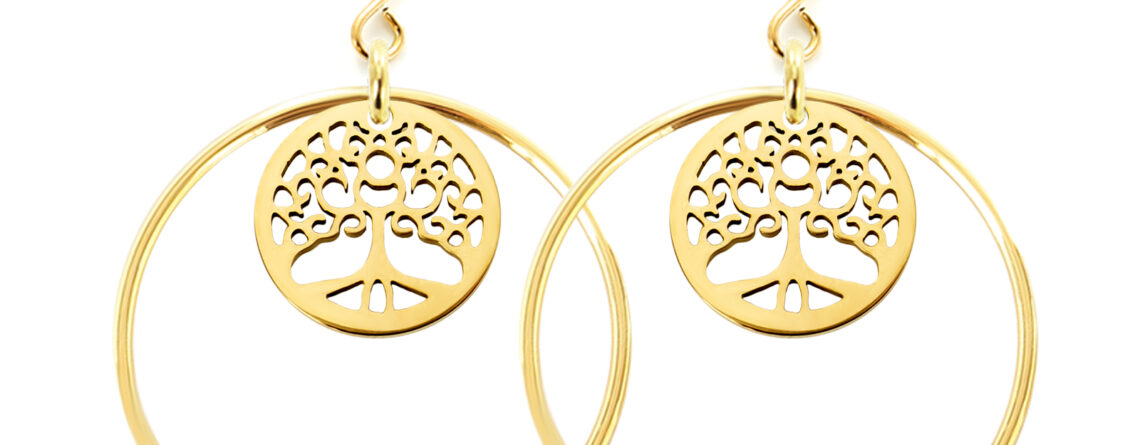 Boucles d'oreilles ellipse et arbre de vie acier doré