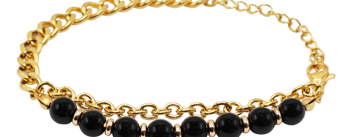 Bracelet perles naturelles (Agate noire) et maille gourmette en acier inoxydable doré - Longueur: 15cm