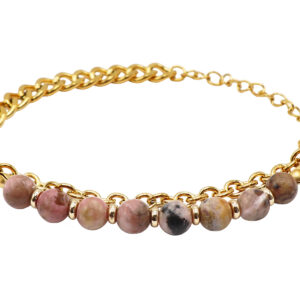 Bracelet perles naturelles (Rhodonite) et maille gourmette en acier inoxydable doré - Longueur: 15cm