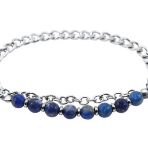 Bracelet perles naturelles (Lapis Lazuli) et maille gourmette en acier inoxydable argenté - Longueur: 20cm