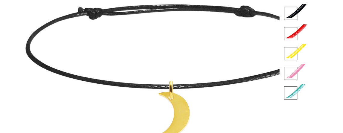 Bracelet cordon ajustable décoré d'une pampille lune en acier inoxydable doré