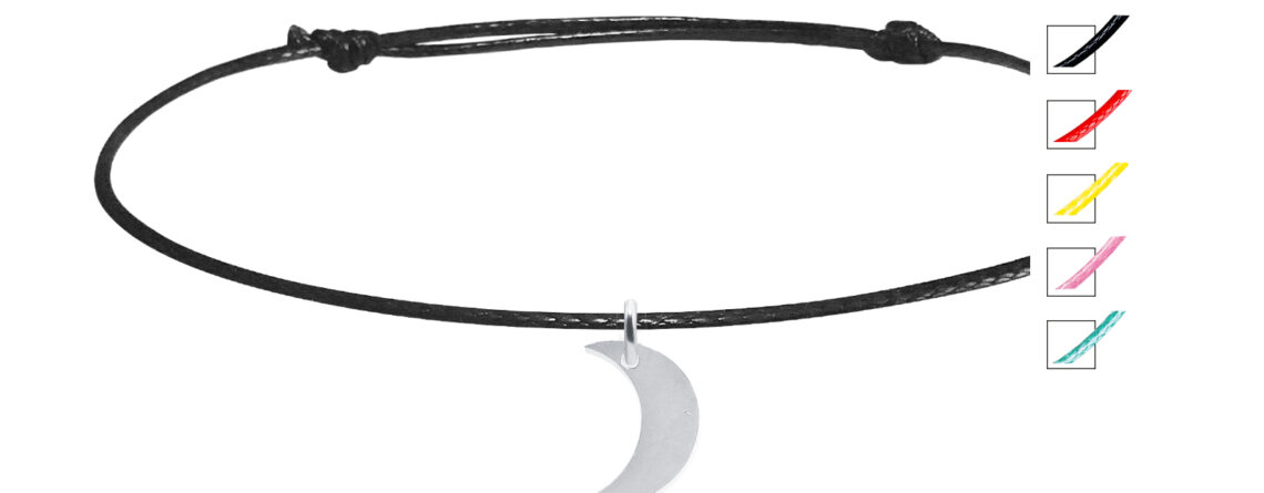 Bracelet cordon ajustable décoré d'une pampille lune en acier inoxydable argenté
