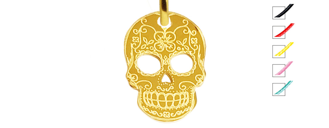 Collier cordon ajustable décoré d'un pendentif tête de mort (14mm) en acier inoxydable doré