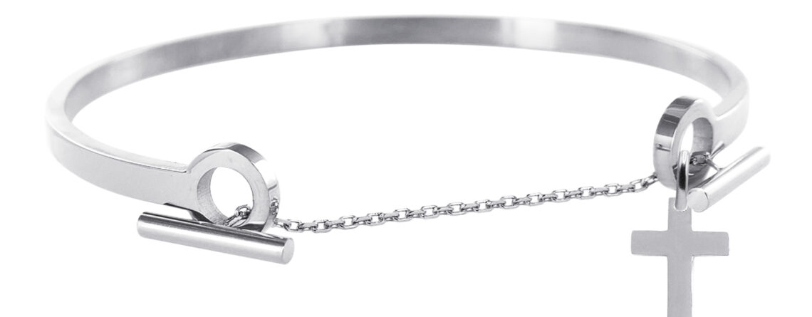 Jonc chaînette T décoré d'une pampille croix (14mm) en acier inoxydable argenté