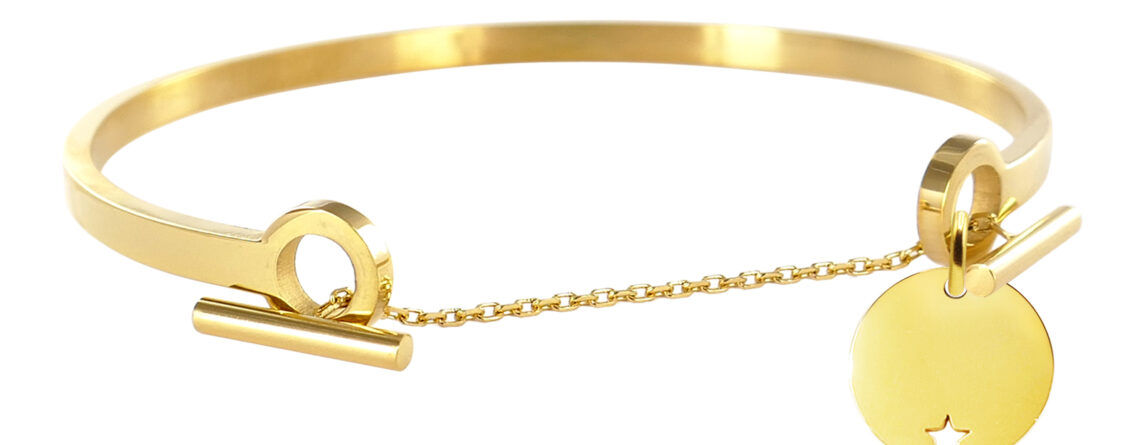 Jonc chaînette T décoré d'une médaille ronde avec étoile ajourée en acier inoxydable doré