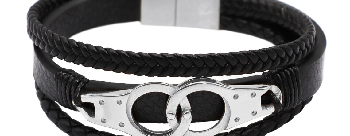 Bracelet homme "menottes" cuir microfibre noir et acier inoxydable argenté