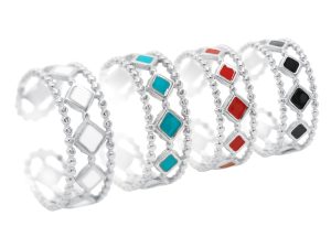 Bague ajustable "losange" en acier inoxydable argenté