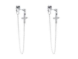Boucles d'oreilles pendantes croix oxydes de zirconium et chaînette en acier inoxydable argenté