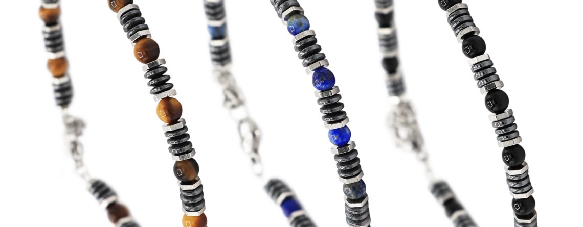 Bracelet homme en pierres naturelles, hématite et acier inoxydable argenté
