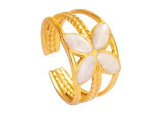 Bague ajustable fleur émail blanc en acier inoxydable doré