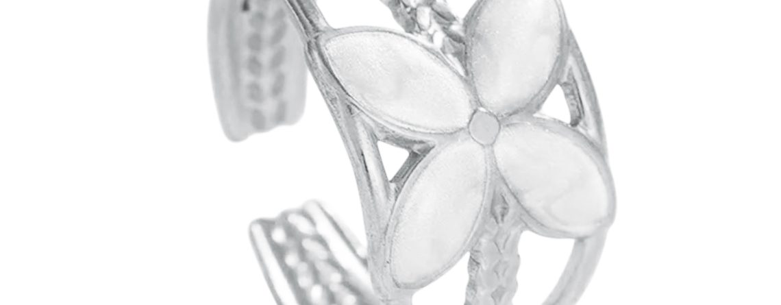 Bague ajustable fleur émail blanc en acier inoxydable argenté