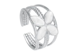 Bague ajustable fleur émail blanc en acier inoxydable argenté